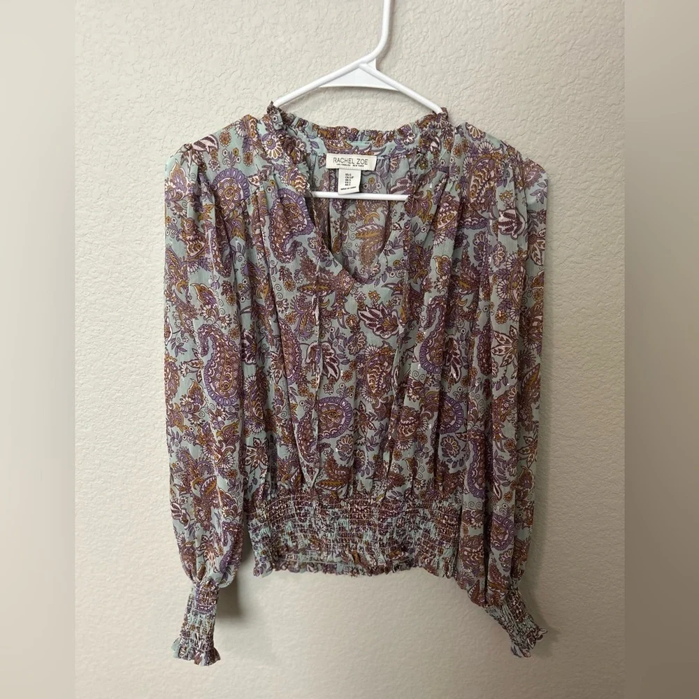 Rachel Zoe Paisley Boho Blouse Smocked Waist Long Sleeve Size Small - Picture 3 of 6